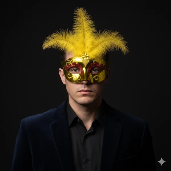 Antifaz amarillo con plumas para hombre