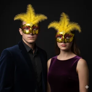 Antifaz amarillo con plumas para hombre o mujer