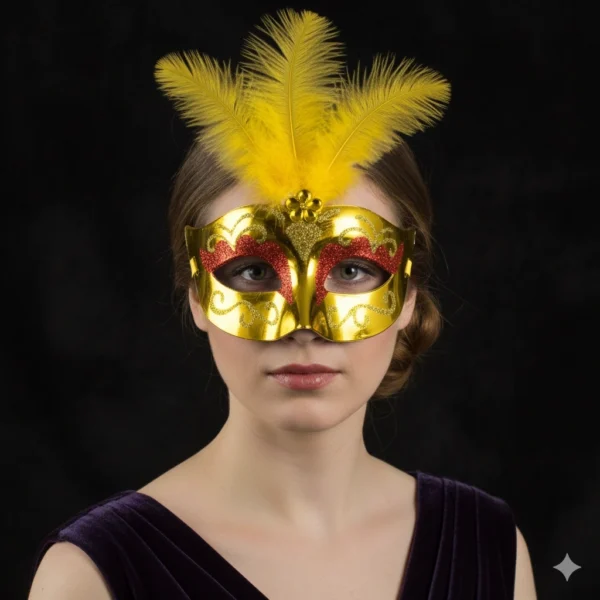 Antifaz amarillo con plumas para mujer