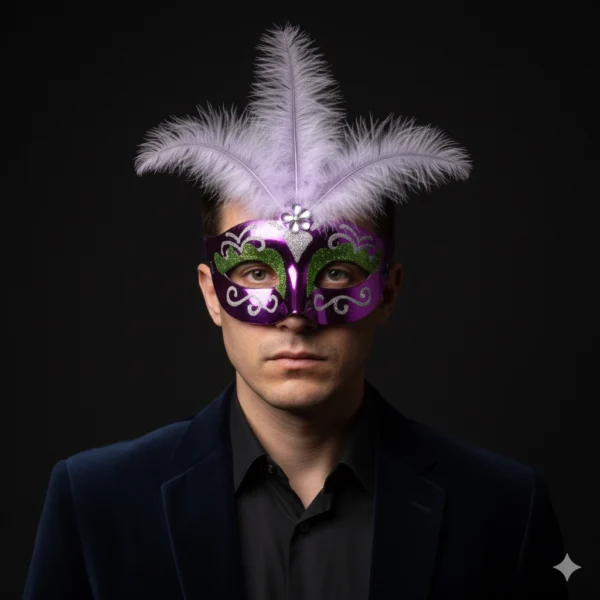 Antifaz de carnaval con plumas morado hombre