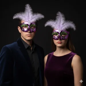 Antifaz de carnaval con plumas morado hombre mujer