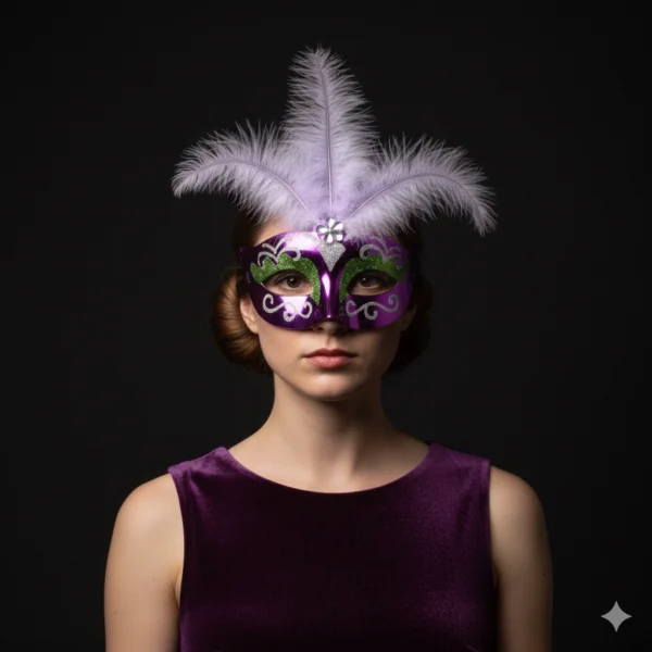 Antifaz de carnaval con plumas morado mujer