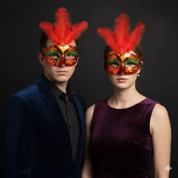 Antifaz de carnaval con plumas rojas hombre mujer